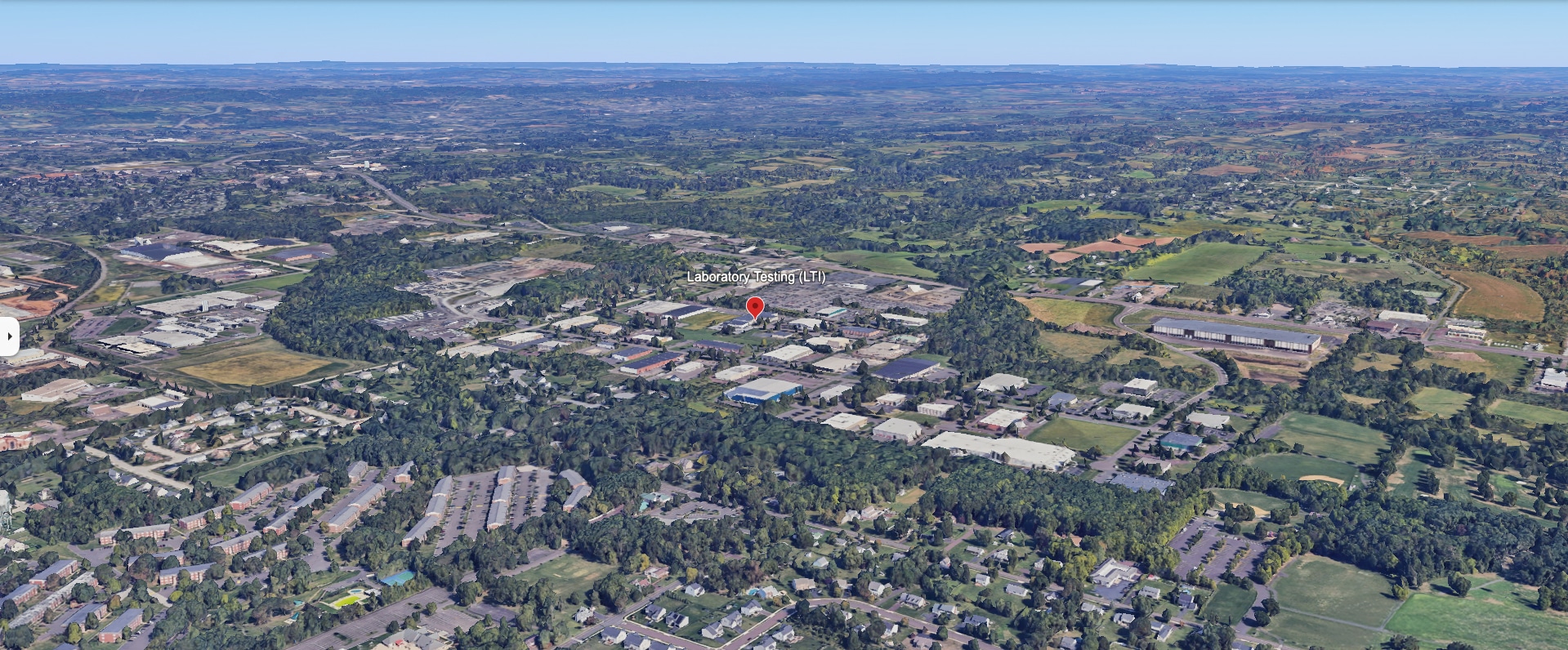 Aerial view of Laboratory Testing (LTI) headquarters in Hatfield, PA, with a pin marking the building entrance.