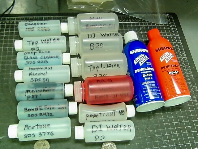 Chemical samples including penetrant, developer, and solvents tested per MIL-STD-2041 at Laboratory Testing