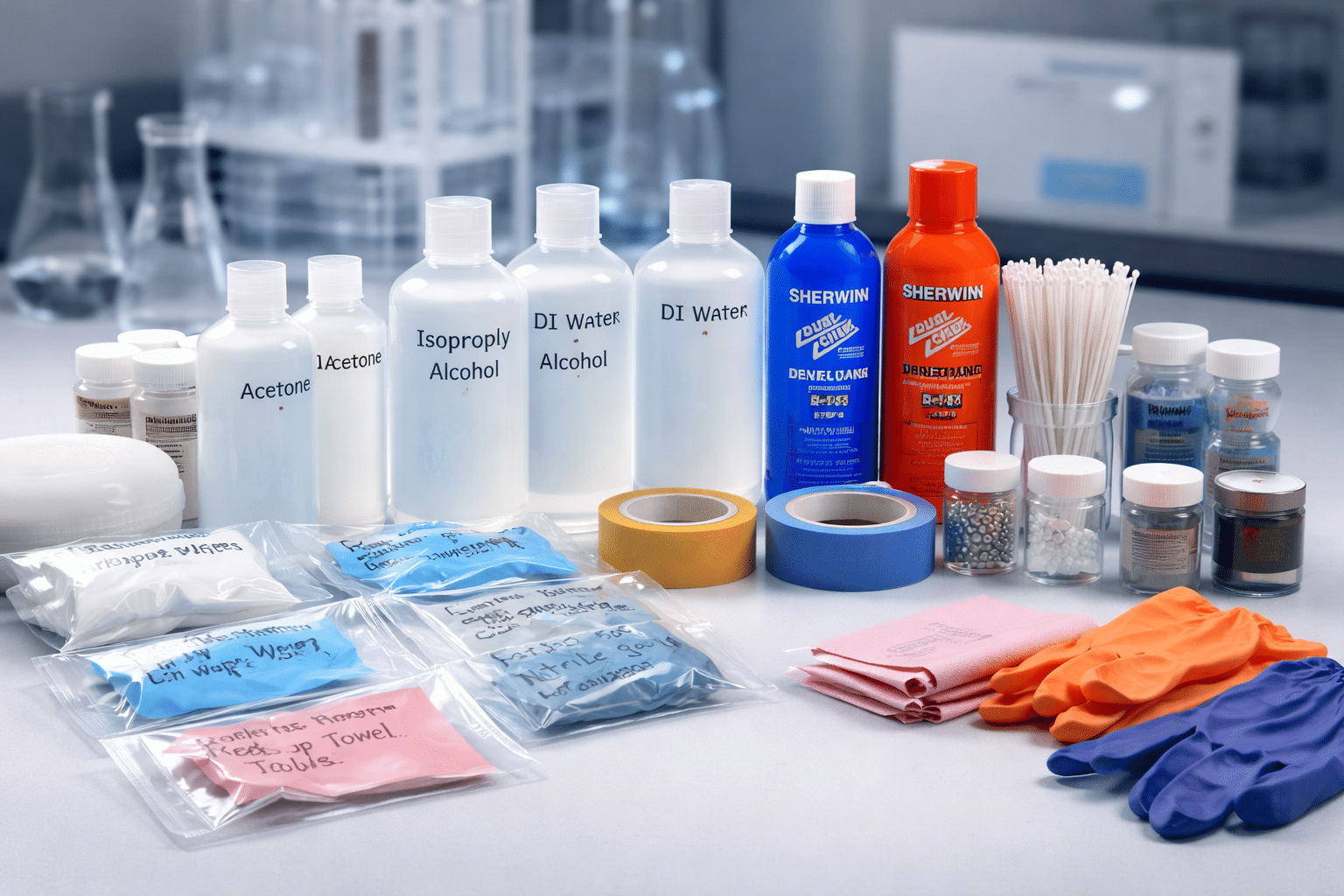 Detrimental materials testing samples including chemicals, gloves, wipes, tape, foam, and water containers