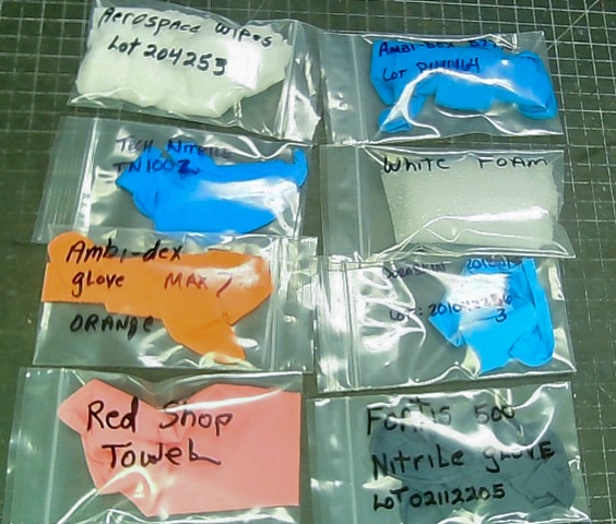 Labeled shop product samples prepared for detrimental material testing at Laboratory Testing