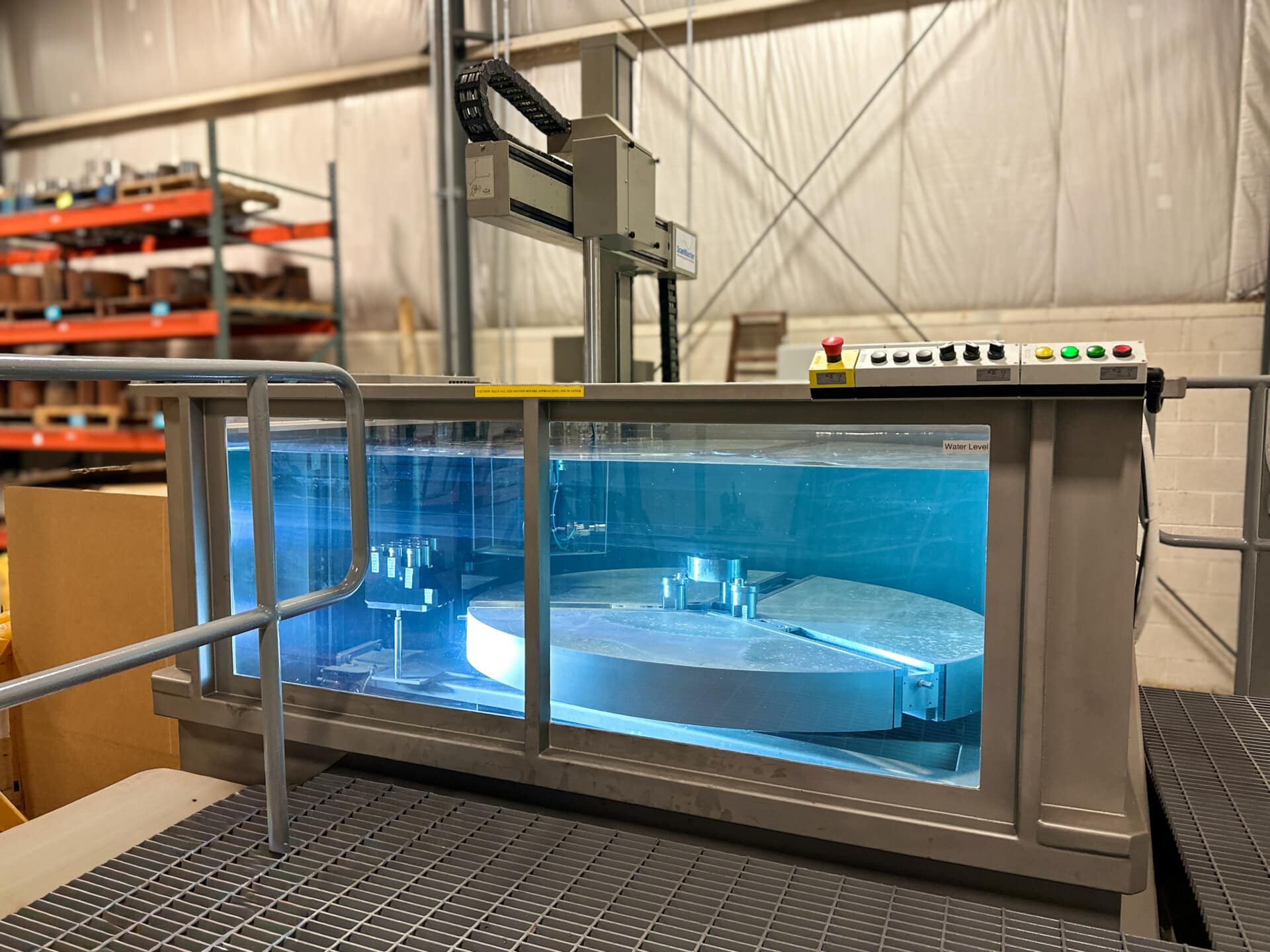 LTI UT immersion scanning forging disc submerged in tank side view